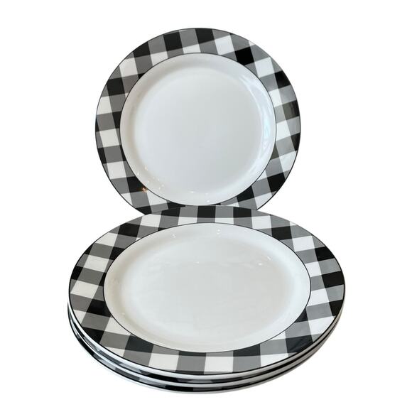 Godinger Black White Checkered Gingham Porcelain Dinner Plates 10.5" Set of 4 - Picture 2 of 13